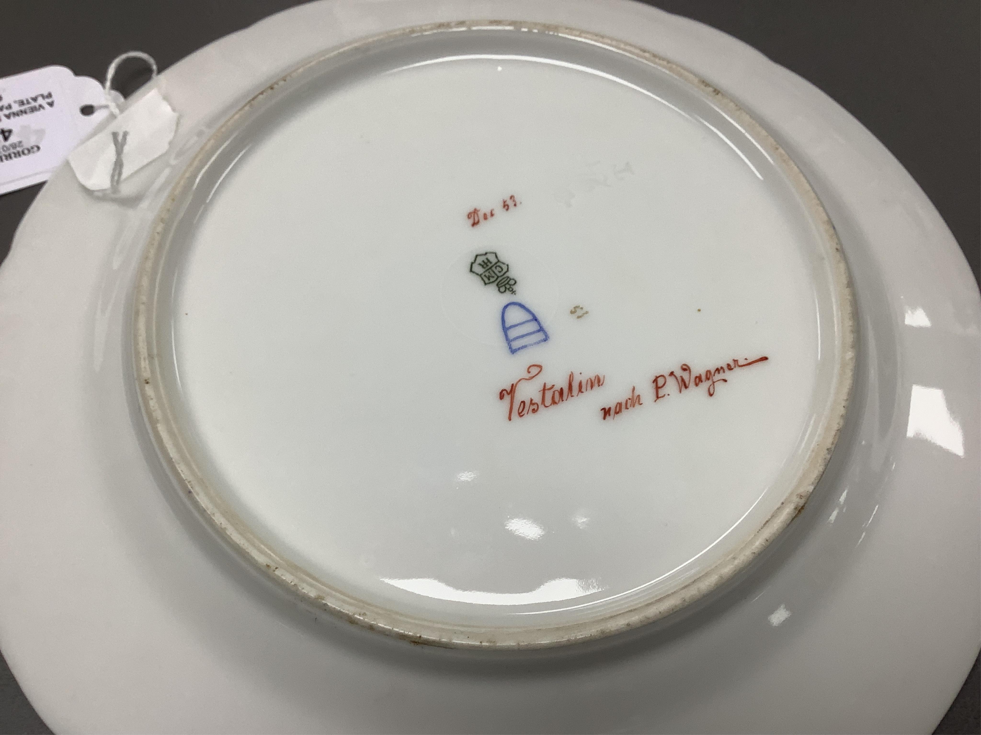 A Vienna-style cabinet plate, painted with a Vestal Virgin, after P. Wagner, depicting a lady feeding pigeons, signed Goget?, 24cm in diameter